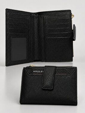 Black Pebbled Leather Zip Wallet Card Holder Compact Organizer